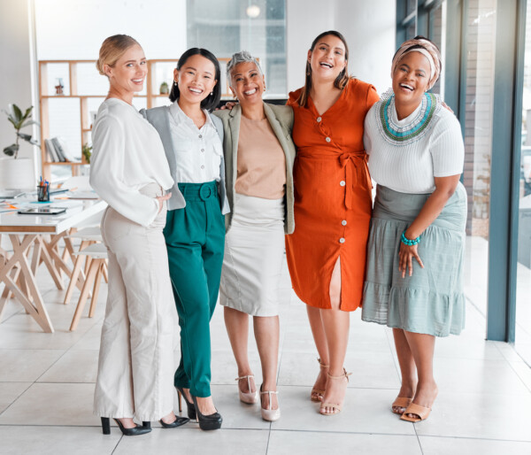 Business people women in portrait and diversity in team collaboration and corporate group success and laugh. Happy work together and professional motivation with trust support and solidarity